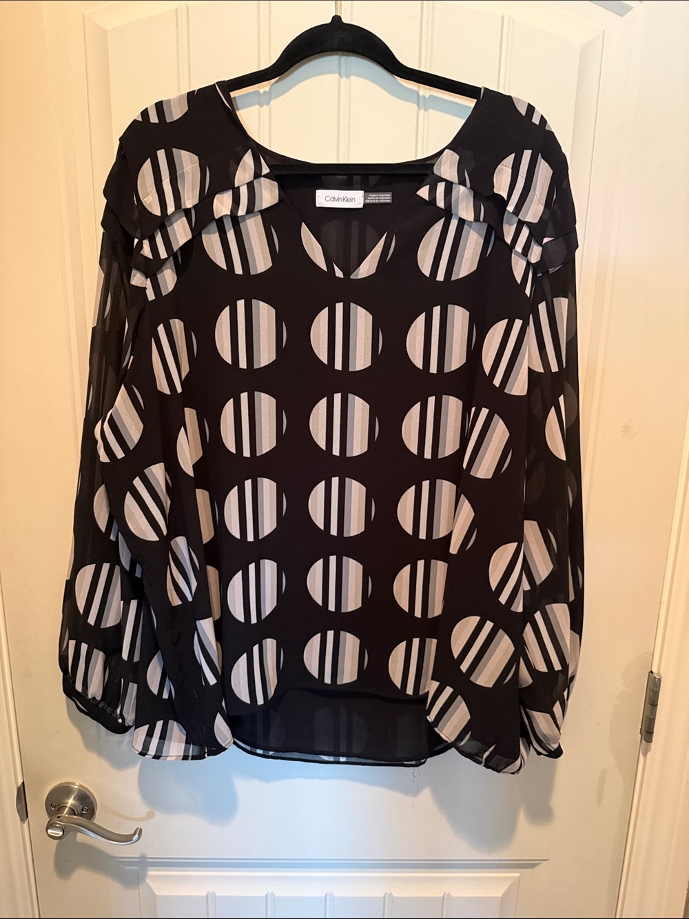 Calvin Klein Black Blouse with White Polka Stripe Pattern